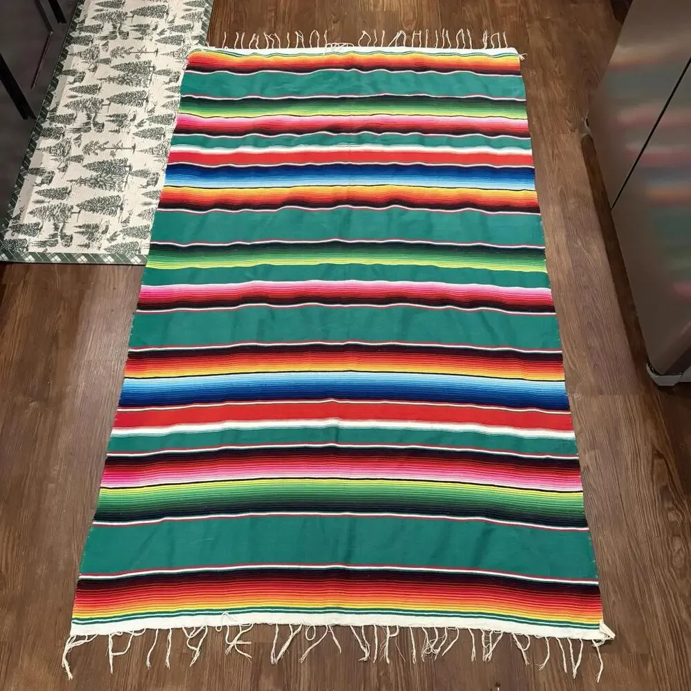 NWOT Vintage Mexican‎ Serape Saltillo Blanket Woven Stripes Southwest Wool 76x47